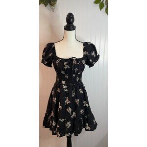 Hesperus Black Floral Puff Sleeve Smocked Dress With Ruffle Hem Small Size